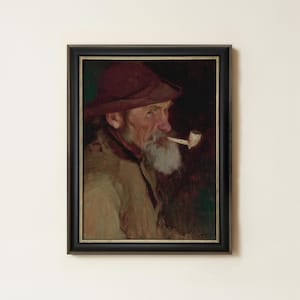 Vintage Old Fisherman Portrait Painting | Rustic Coastal Nautical Artwork | Antique Maritime Decor | Man Smoking Pipe Art | Framed Art
