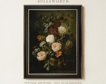 Vintage Moody Floral Painting | Dark Victorian Flower Artwork | Rustic Farmhouse Wall Decor | Antique Botanical Nature Art | Framed Art
