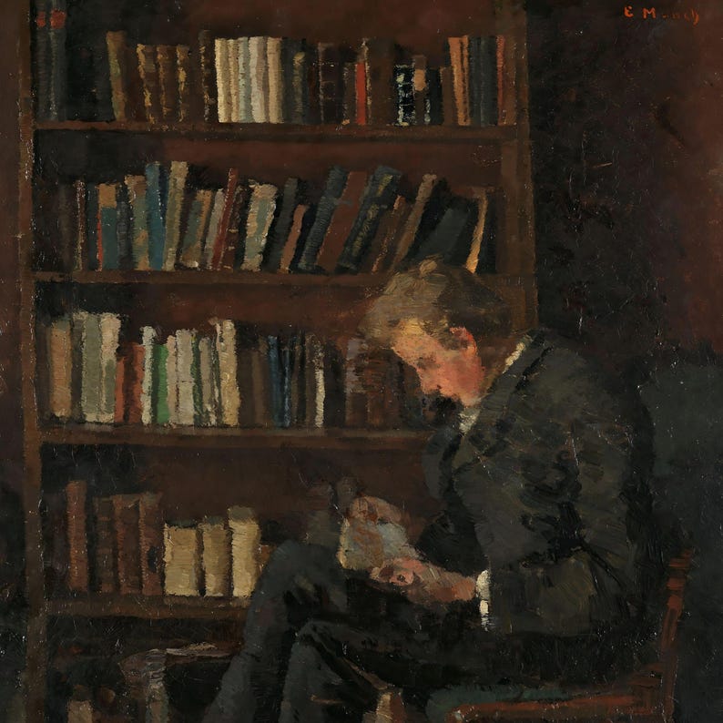 May include: An oil painting depicts a person reading in a dimly lit room. A wooden bookshelf filled with books is behind the person. The person is wearing a dark suit and is focused on the book in their hands.
