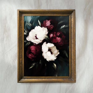 Moody Peonies Painting | Vintage Floral Wall Art | Dark Botanical Flower Home Decor | Antique Farmhouse Artwork | Mailed Print