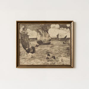 Vintage Sailing Ships Drawing | Antique Nautical Sketch Artwork | Coastal Sailboat Seascape Wall Decor | Mailed Print image 1