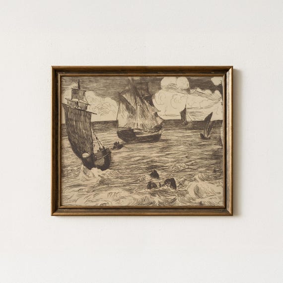 Vintage Sailing Ships Drawing | Antique Nautical Sketch Artwork | Coastal Sailboat Seascape Wall Decor | Mailed Print