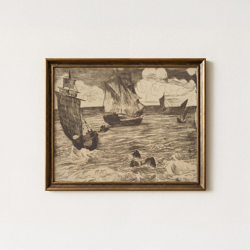 Vintage Sailing Ships Drawing | Antique Nautical Sketch Artwork | Coastal Sailboat Seascape Wall Decor | Mailed Print image 1