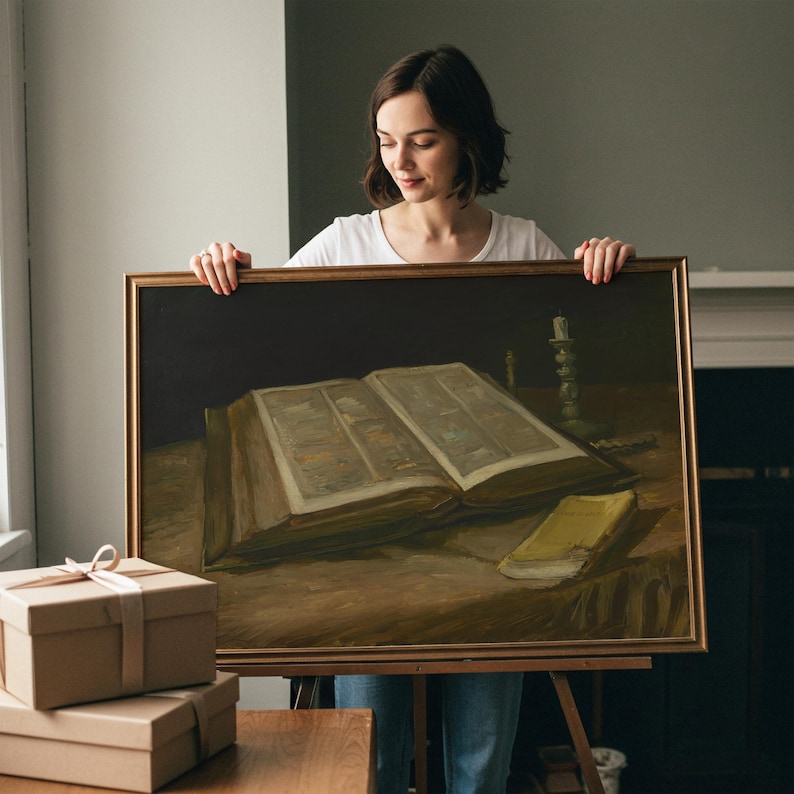 Vintage Bible Still Life Painting | Antique Religious Wall Decor | Rustic Spiritual Artwork | Mailed Print image 2
