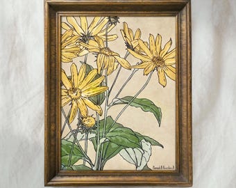 Yellow Flower Botanical Study | Vintage Floral Plant Art | Natural Watercolor Style Decor | Mailed Print