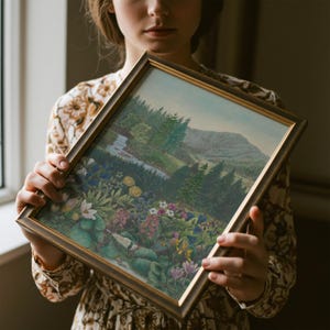 Alpine Wildflower Valley Painting | Vintage Mountain Landscape Wall Art | Botanical Meadow Artwork | Framed Art image 11