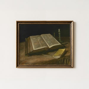 Vintage Bible Still Life Painting | Antique Religious Wall Decor | Rustic Spiritual Artwork | Mailed Print image 1
