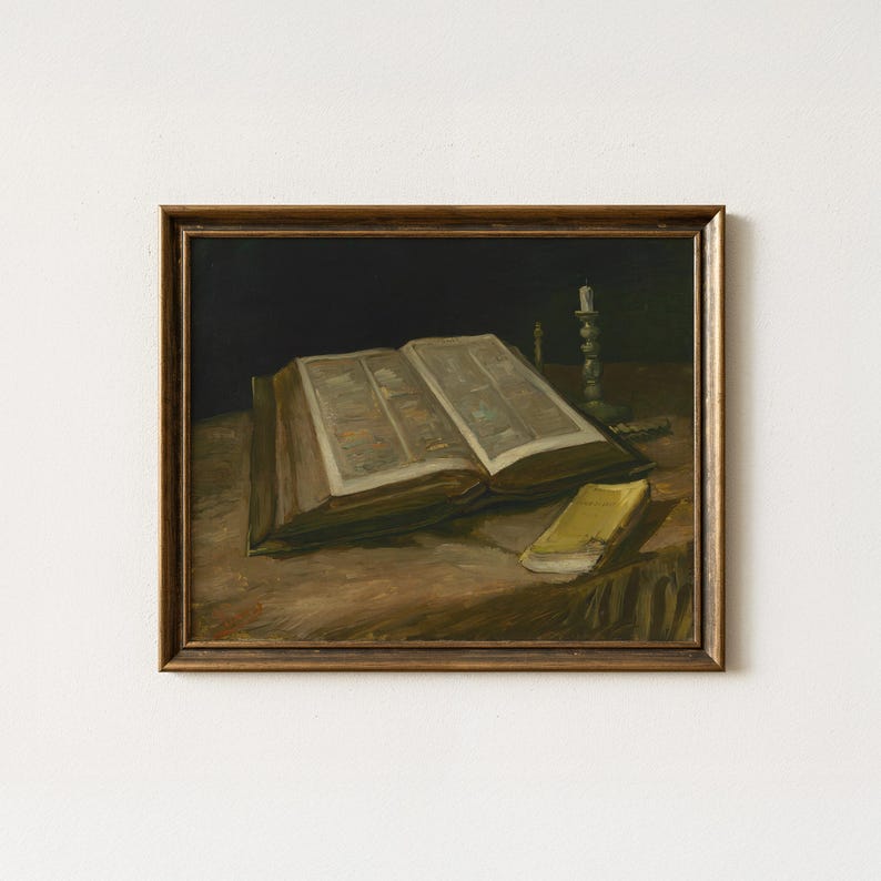 Vintage Bible Still Life Painting | Antique Religious Wall Decor | Rustic Spiritual Artwork | Mailed Print image 1