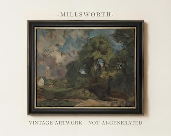 May include: A framed landscape painting titled MILLSWORTH featuring a dark, moody sky over green trees, a small building, and a tower. The artwork is enclosed in a black frame with a thin gold inner border. Text below reads VINTAGE ARTWORK | NOT AI-GENERATED.