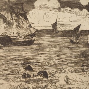 May include: An antique etching depicts a seascape with sailboats and a cloudy sky. The artwork features a large sailing vessel on the left, smaller boats in the distance, and rough waves in the foreground. The style is reminiscent of old maritime art.