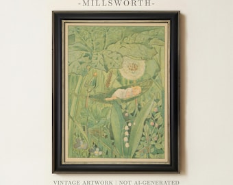 Vintage Fairy Painting | Antique Whimsical Nature Artwork | Rustic Botanical Wall Art | Framed Art