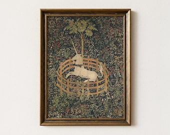 Medieval Unicorn Tapestry Art | Renaissance Floral Wall Decor | Vintage Dark Cottagecore Aesthetic | Antique Fantasy Artwork | Mailed Print