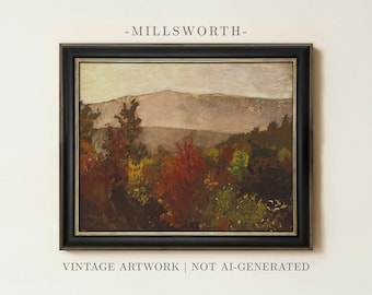Vintage Autumn Landscape Painting | Rustic Fall Mountain Decor | Countryside Trees Wall Art | Framed Art