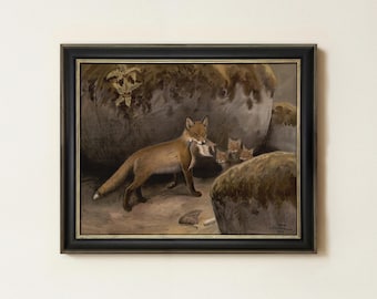 Rustic Fox Oil Painting | Vintage Woodland Wall Art | Antique Hunting Cabin Decor | Mailed Print