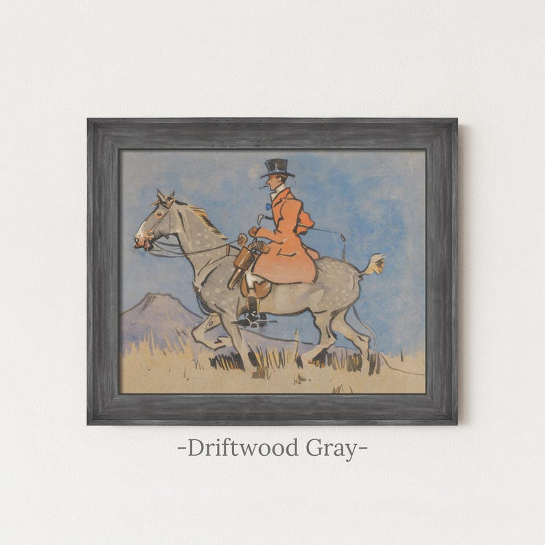 Vintage Equestrian Rider Painting | Antique Horse Artwork | Rustic Watercolor Wall Decor | Framed Art Driftwood Gray