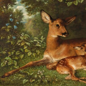 Antique Deer Painting | Rustic Wildlife Wall Decor | Vintage Woodland Fawn Artwork | Framed Art image 3