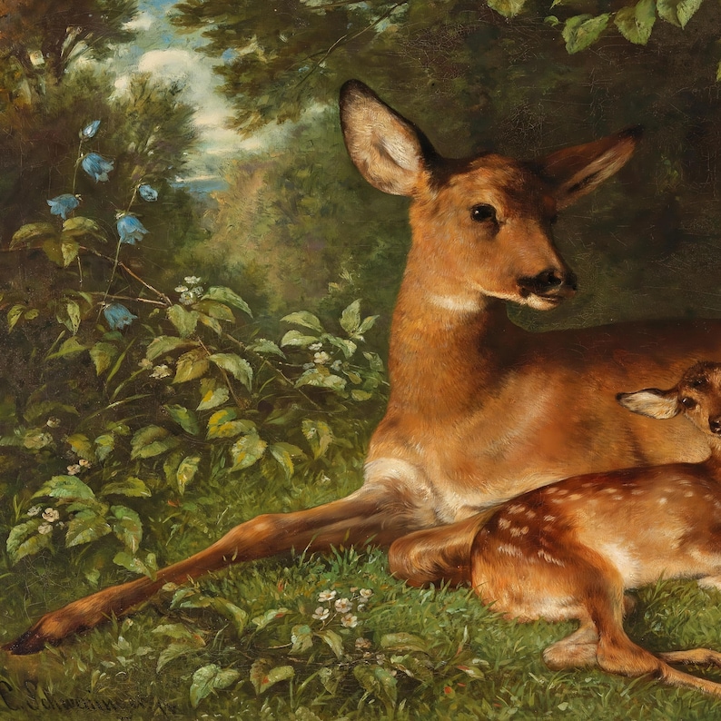 Antique Deer Painting | Rustic Wildlife Wall Decor | Vintage Woodland Fawn Artwork | Framed Art image 3