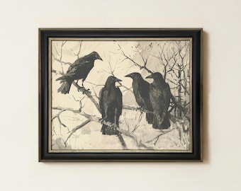 Vintage Raven Forest Painting | Rustic Gothic Crow Wall Art | Dark Academia Cottagecore Decor | Framed Art