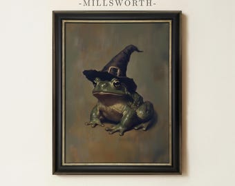 Vintage Halloween Frog Painting | Gothic Toad Wall Art | Withcy Dark Academia Home Decor | Framed Art