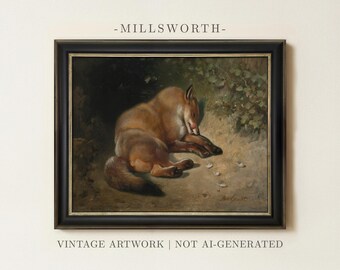 Sleeping Fox Painting | Vintage Woodland Animal Wall Art | Framed Art