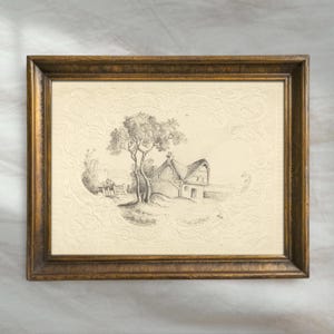 Antique Cottage Pencil Sketch | Rustic French Countryside Wall Art | Minimalist Farmhouse Decor | Mailed Print