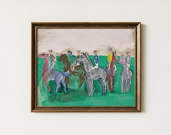 Vintage Horse Race Painting | Equestrian Home Decor | Colorful Sporting Wall Art | Mailed Print