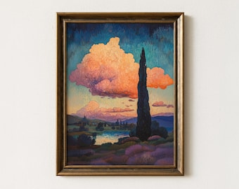 Sunset Landscape Painting | Vintage Cloudy Wall Art | Rustic Countryside Farmhouse Home Decor | Mailed Print