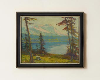 Vintage Mountain Landscape Painting | Alpine Forest Lake Artwork | Rustic Cabin Nature Decor | Mailed Print