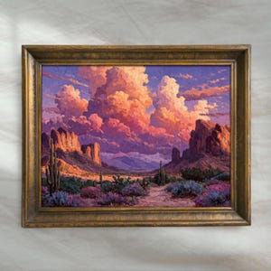 Western Cloudy Desert Painting | Vintage Southwest Wall Art | Wild West Cowboy Home Decor | Mailed Print