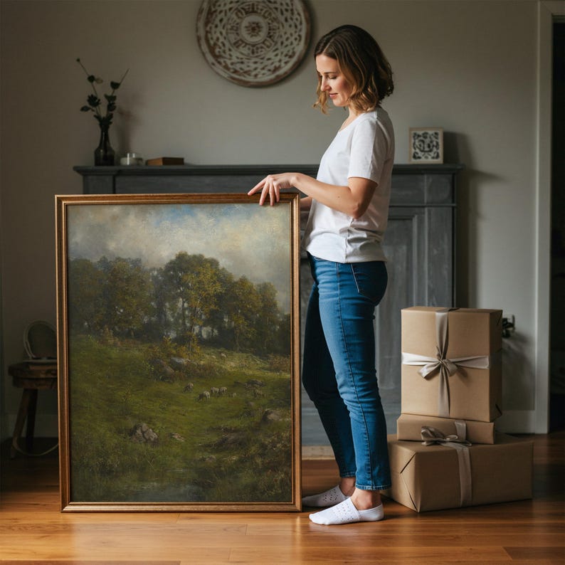 Vintage Sheep Landscape Painting | Antique Farmhouse Wall Art | Rustic ...