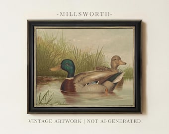 Vintage Mallard Ducks Painting | Antique Wildlife Artwork | Rustic Pond Nature Wall Decor | Framed Art