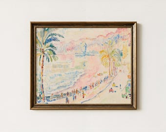 Vintage Coastal Watercolor Painting | Soft Pastel Shoreline Artwork | Impressionist Palm Tree Beach Decor | Mailed Print