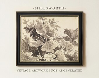 Vintage White Flower Painting | Antique Still Life Artwork | Rustic Neutral Floral Decor | Framed Art