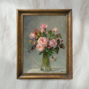 Vintage Rose Bouquet Painting | Antique Floral Vase Artwork | Botanical Still Life Wall Decor | Mailed Print