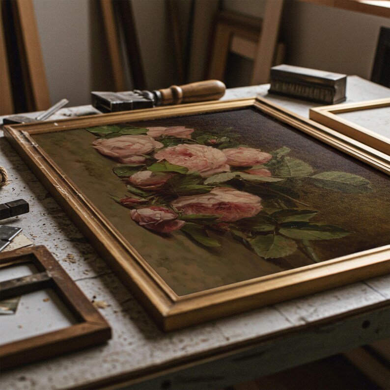 Vintage Pink Roses Painting | Floral Still Life Wall Art | Romantic Botanical Home Decor | Rustic Flower Still Life Print | Framed Art image 11