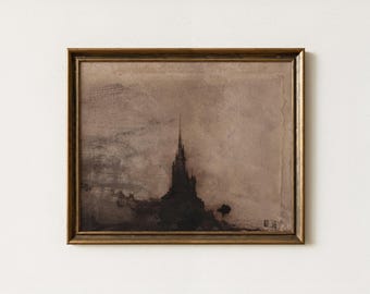 Vintage Gothic Tower Painting | Antique Moody Architectural Sketch Wall Art | Dark Academia Castle Home Decor | Mailed Print