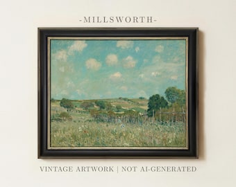 May include: A framed landscape painting titled MILLSWORTH, featuring a grassy field, a wooden fence, and rolling hills under a blue sky with white clouds. The artwork is enclosed in a dark, rectangular frame with gold inner trim.