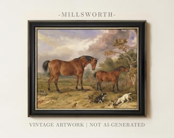 Vintage Horse Landscape Painting | Countryside Equestrian Dog Wall Art | Rustic Farmhouse Country Decor | Framed Art