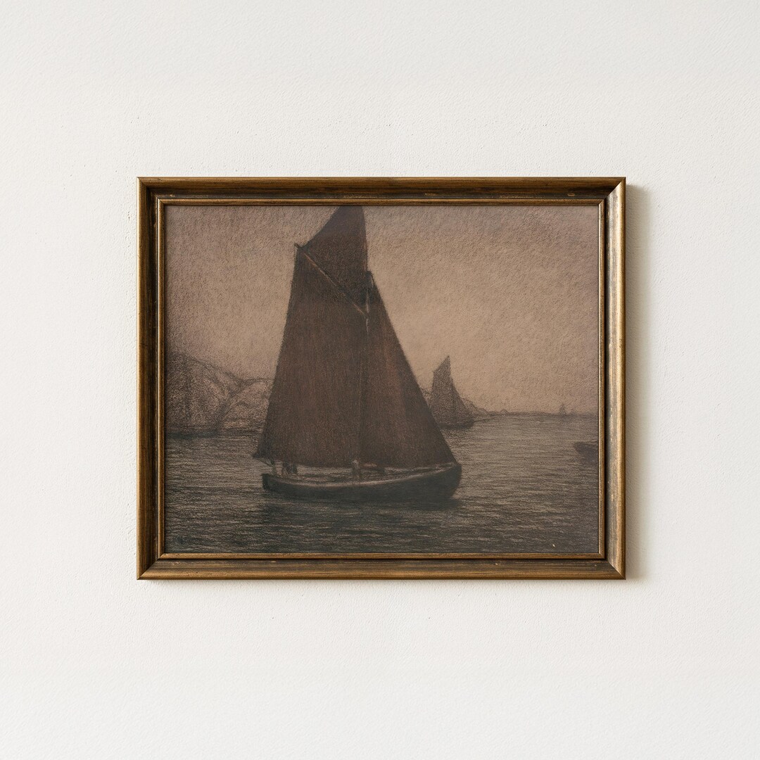 Vintage Dark Sailboat Painting | Rustic Coastal Nautical Wall Art ...