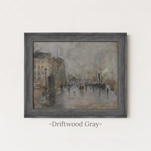 Vintage Rainy City Painting | Antique Street Scene Artwork | Rustic Gray Urban Decor | Framed Art Driftwood Gray