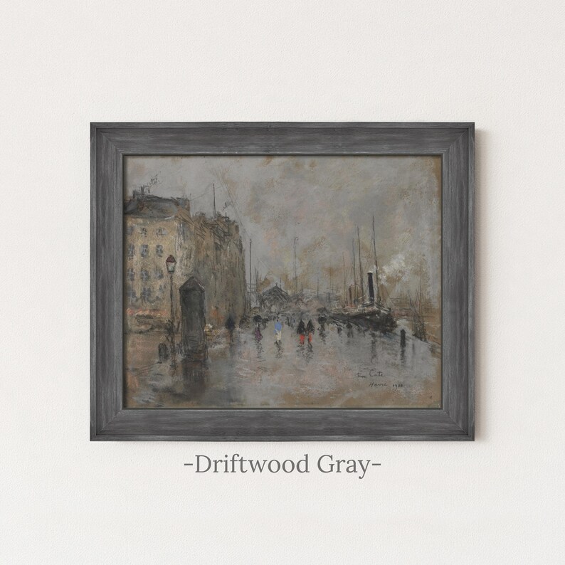 Vintage Rainy City Painting | Antique Street Scene Artwork | Rustic Gray Urban Decor | Framed Art Driftwood Gray