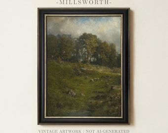 Vintage Sheep Landscape Painting | Antique Farmhouse Wall Art | Rustic Countryside Animal Decor | Framed Art