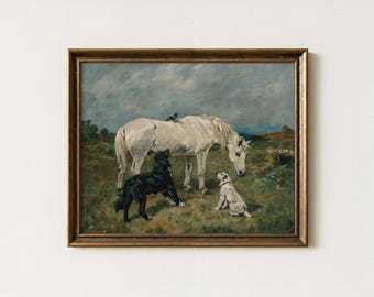 Vintage White Horse Painting | Antique Equestrian Dog Wall Art | Rustic Farmhouse Landscape Decor | Mailed Print