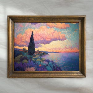 Coastal Sunset Landscape Painting | Vintage Seaside Wall Art | Rustic Cloudy Home Decor | Mailed Print