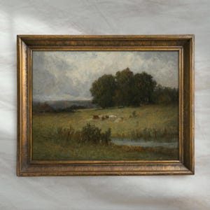 Vintage Cow Landscape Painting | Rustic Grazing Wall Art | Countryside Farmhouse Decor | Mailed Print