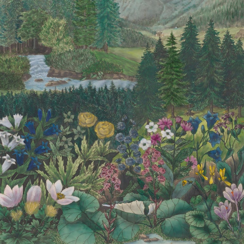 Alpine Wildflower Valley Painting | Vintage Mountain Landscape Wall Art | Botanical Meadow Artwork | Framed Art image 10