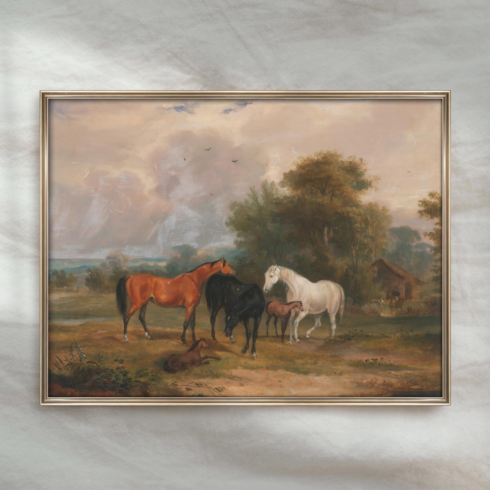 Vintage Horse Landscape Painting | Antique Equestrian Wall Art | Rustic ...
