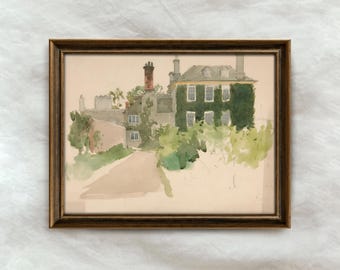 Vintage French Manor Painting | Antique English Landscape Wall Decor | Rustic Watercolor Artwork | Mailed Print