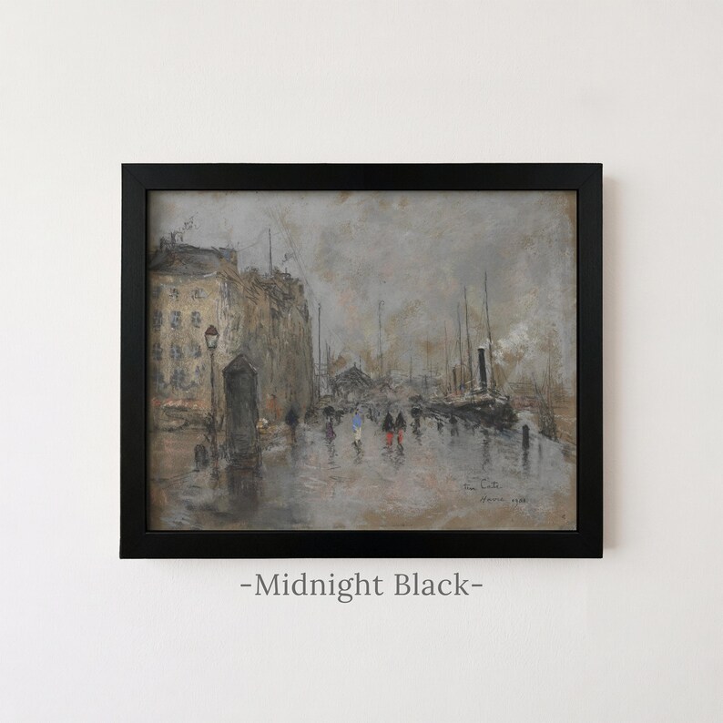 May include: A framed painting in a black frame depicting a rainy harbor scene with buildings, ships, and figures walking along a wet street. The artwork features muted gray, brown, and tan tones with small pops of red and blue on the figures.