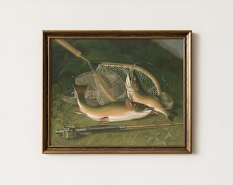 Vintage Trout Painting | Antique Fishing Artwork | Angling Cabin Wall Art | Mailed Print